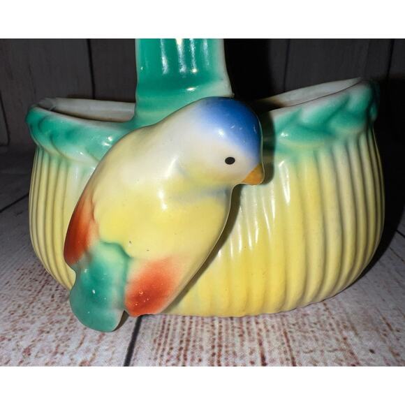 Czech Bird on Basket Red Mark Czechoslovakia Yellow Blue Art Pottery Antique - Picture 10 of 12